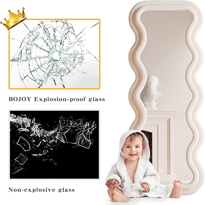 BOJOY Full Length Mirror 63"x24", Irregular Wavy for Standing Hanging or Leaning Against Wall for Bedroom, Flannel Wrapped Wooden Frame-White