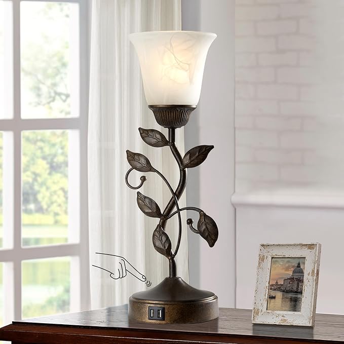RORIANO Touch Bedside Table Lamp, Vintage Nightstand Lamp with 2 USB Ports for Living Room, 3 Way Dimmable Leaf Lamp Retro Table Lamp for Bedroom with White Glass Shade, LED Bulb Included