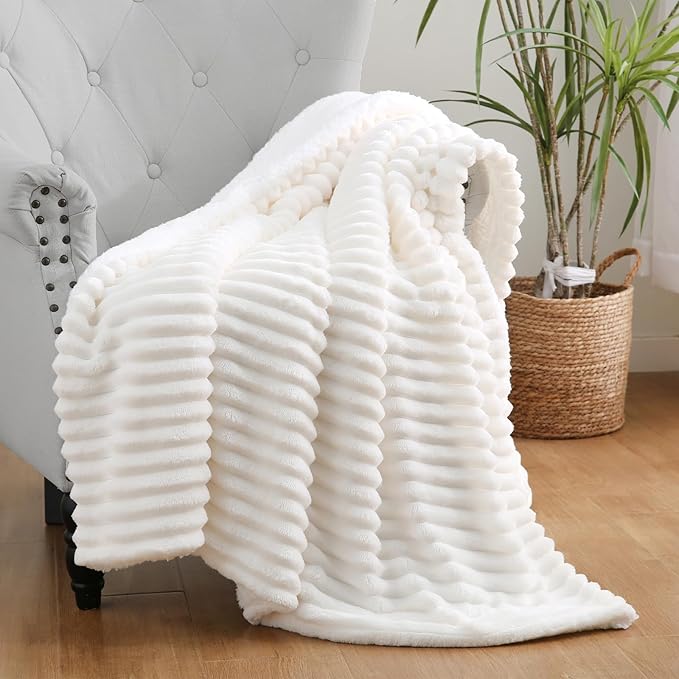 Cream White Sherpa Fleece Throw Blanket 50”×60” for Couch Sofa Bed, Double Side Soft Fuzzy Cozy Plush Thick Flannel Blanket with Striped Design Gift for Adults,Woman,Girls