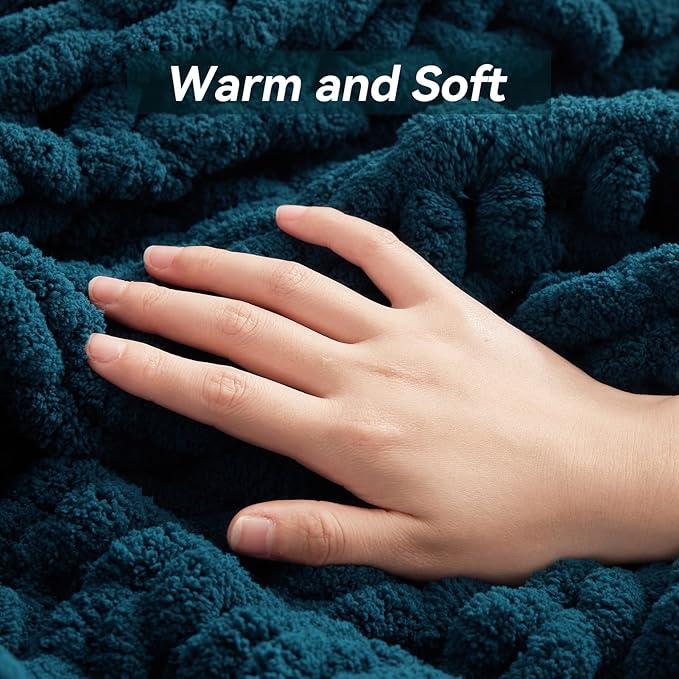 Chunky Knit Throw Blanket, 80''*90'' Knitted Throw Chenille Yarn for Bed Couch, Handmade Peacock Blue Crochet Big Thick Blanket, Machine Washable Cute Comfy Blanket for Home Decor