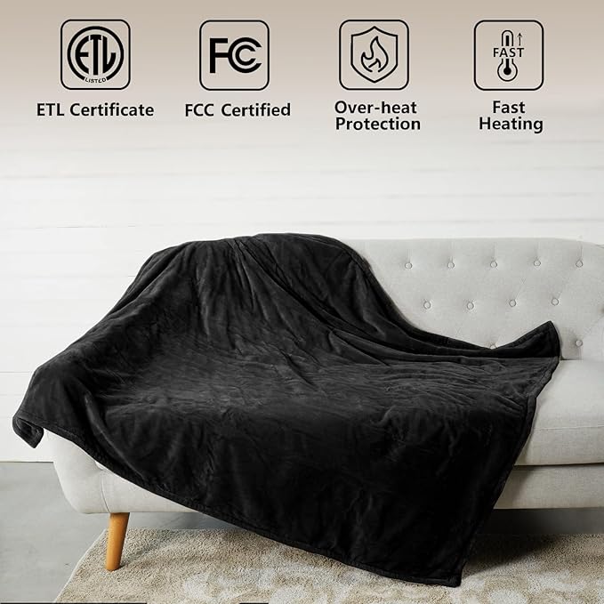Tefici Electric Heated Blanket Throw, Super Cozy Soft 2-Layer Flannel 50" x 60" Heated Throw with 3 Heating Levels & 4 Hours Auto Off, Machine Washable, ETL&FCC Certified, Home Office Use,Black