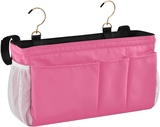 DOMIKING Neon Pink Bedside Caddy for Dorm Bed Recliner Armrest Organizer with Hooks Haning Storage Bag for Couch Recliner Remote Control