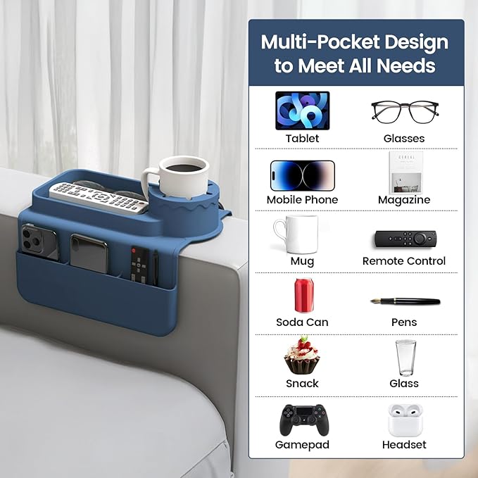 Couch Cup Holder Tray, Silicone Sofa Armrest organizer with Assesory Side Pockets for storage Remote, Cell-phone,Tablet or Snack, Anti-Spill and Anti-Slip Couch Drink Holder Caddy(Blue)