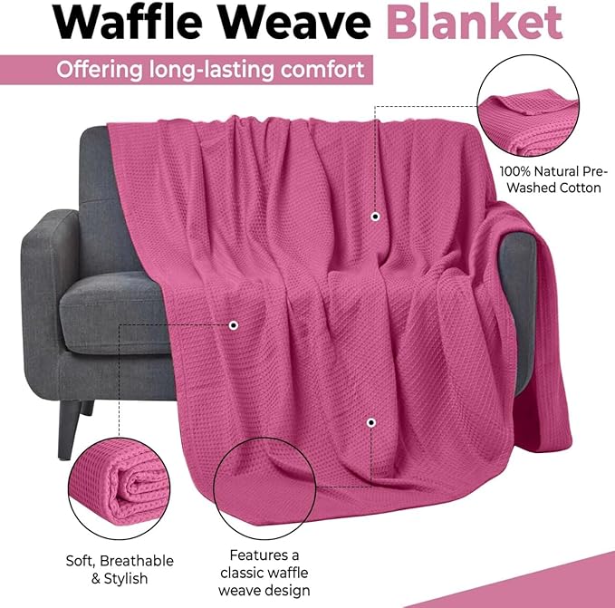 100% Cotton Blankets for Bed - Waffle Weave Blankets for Summer, Lightweight and Breathable Soft Woven Blanket for Spring (Pink, Queen (90" x 90"))