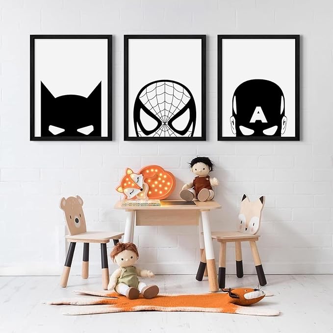 Superhero Spiderman Canvas Wall Art Black And White Wall Art Superhero Posters Spiderman Pictures Painting Wall Decor Superhero Poster for Living Room Bedroom 16x24 Inch Black Framed Set of 3