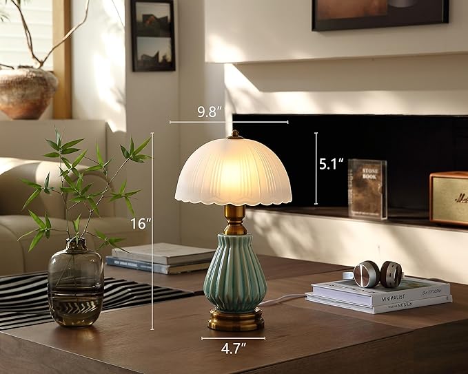 Vintage Table Lamp for Living Room,16" Mid Century Modern Ceramic Lamps for Bedroom,Retro Bedside Nightstand Mushroom Glass Lamps, Classic Chinoiserie Green Lamp for Home Decor (LD004)