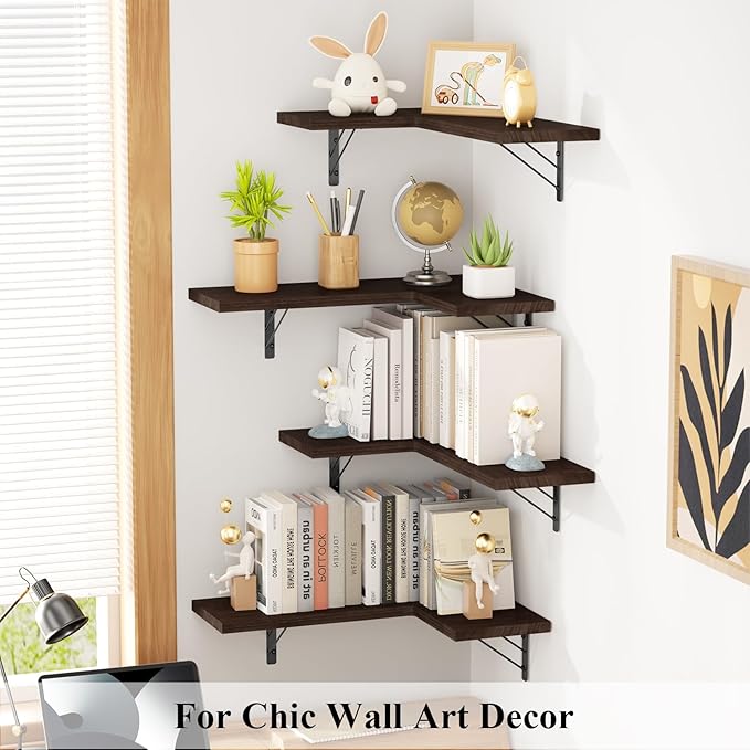 Love-KANKEI Corner Shelf Wall Mounted Set of 4, Floating Wall Shelves for Storage, Rustic Wood Hanging Shelves for Bathroom Kitchen Bedroom Living Room Display, Dark Brown