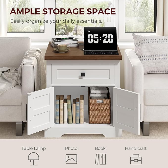 Farmhouse End Table with Charging Station, 23.6" Large End Tables Living Room, Sofa Side Table with Barn Door, Wooden Rectangular Nightstand Bedside Table with Drawer, Walnut ETBZ157E01