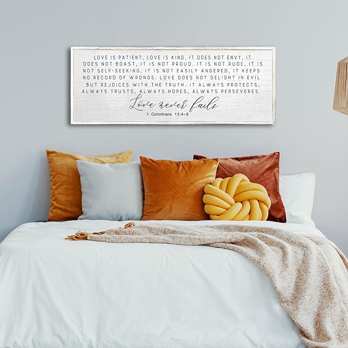 Love is Patient Love is Kind Wall Decor 40"X15" Large Bible Verse Quote 1 Corinthians 13 For Bedroom Above Bed Christianity bible Verse Couple Sign Hanging Wood Framed Wall Art (White）