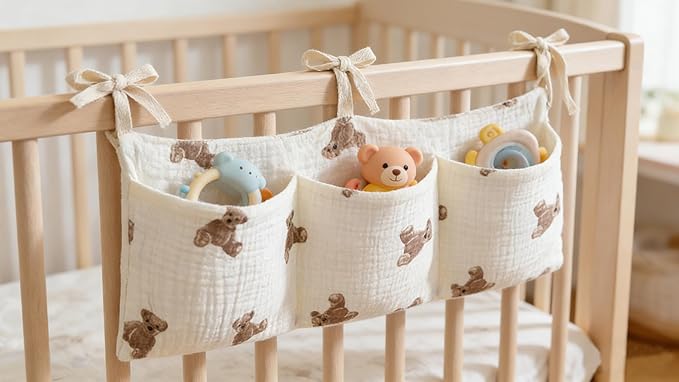 Bedside hanging bag for storing baby milk bottles and blankets - Baby diaper folding bed organizer bag - White teddy bear