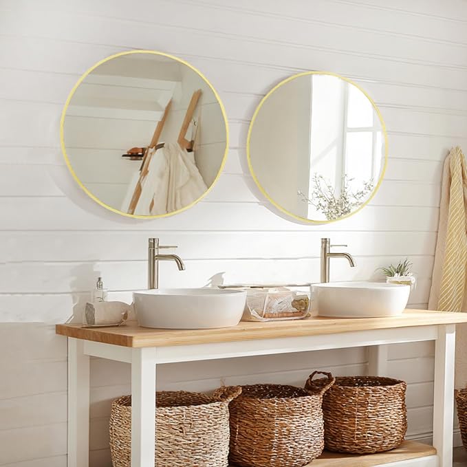 Gold Round Mirror 24 inch, 2 Pack Gold Circle Mirror, Round Bathroom Mirrors Metal Frame for Bathroom, Bedroom, Living Room, Hallway.