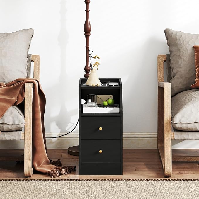 KOMFOTT Side Table with Charging Station, End Table with Storage Drawers, Sofa Couch Table for Small Space, Modern Narrow Nightstand for Bedroom (Black,1)