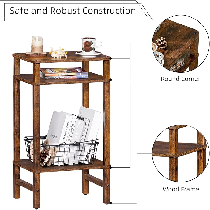 Side Table End Table Tall Night Stand 3-Tier 2 Pack for Living Room Bedroom Bathroom Office Furniture Brown