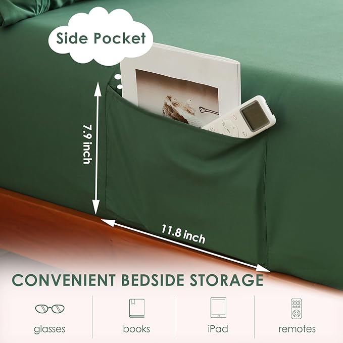 JSD Hunter Green Queen Sheet Set with Side Pocket Corner Straps, 4 Piece Soft Microfiber Bed Sheets Extra Deep Pocket