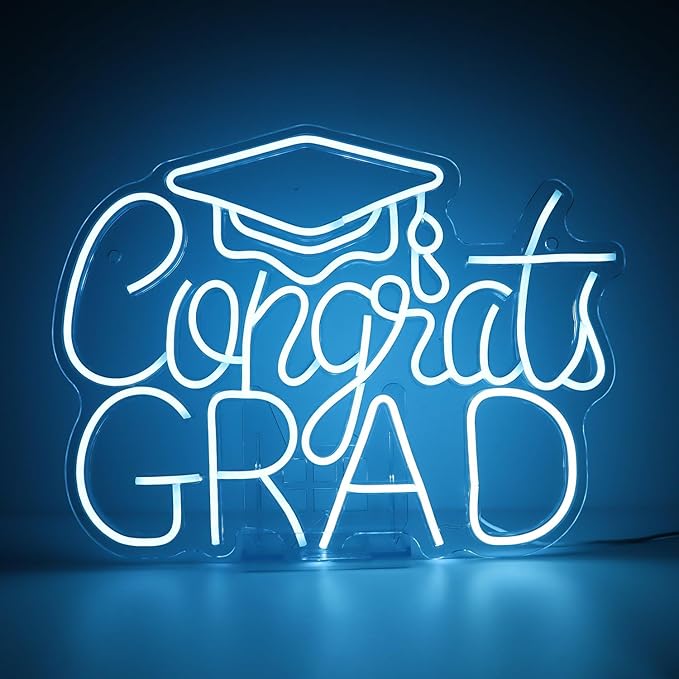 “Congrats Grad” Ice Blue Neon Sign – 16.5×12.6 in Unique Aqua-Tone LED Light for Med School & Engineering Grads, Dimmable with Wired Controller, Includes Wall Anchors – Class of 2026