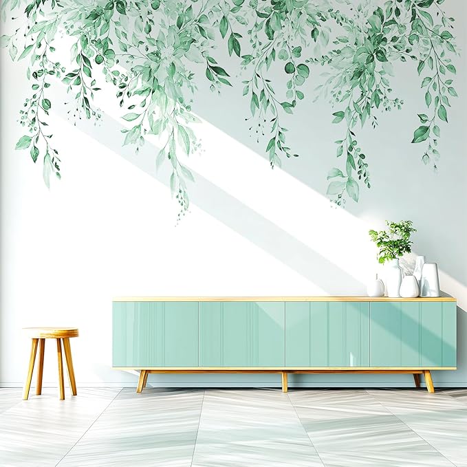 Mint Green Plants Leaves Wall Decals Peel and Stick, Large Floral Flowers Vinyl Wall Stickers, Removable Vine Home Decor Art for Bedroom Living Room Classroom Office