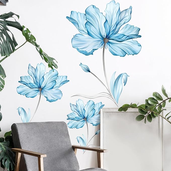 TUOKING Blue Flowers Wall Stickers Decor,6 Sheet Removable Wall Murals Peel and Stick Modern Wall Art Decal Home Decor for Kitchen,Bedroom,Living Room(MS6266)