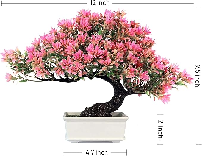 Artificial Bonsai Tree Fake Plants for Home Decor, Living Room Bathroom Bookshelf Entryway Table Wall Shelf Modern Farmhouse Decor, 9.5" Tall, Pink