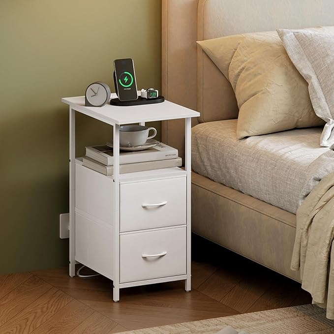 Somdot End Table with Charging Station,Narrow Side Table with 2 Fabric Drawers,Skinny Nightstand with Storage,Small Slim Bedside Table for Living Room,Sofa,Bedroom,Couch,White Leather