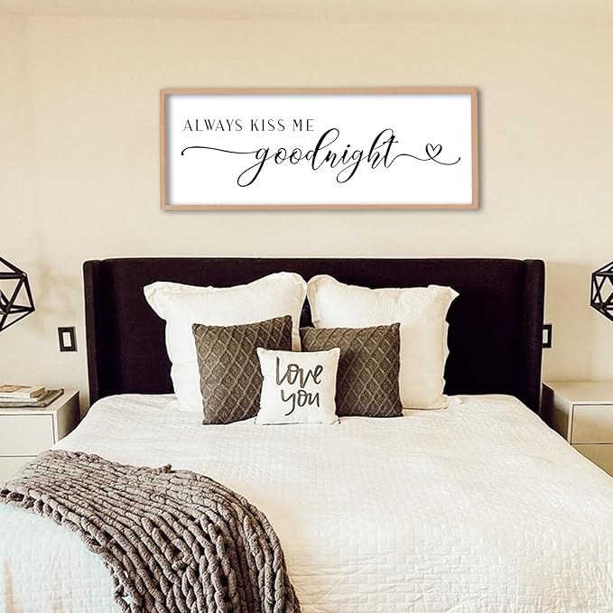Always Kiss Me Goodnight Sign Wall Decor 40"X15" Master Bedroom Above Bed Large Wooden Framed for Couples Over Bed Wall Hanging Art (Wood)