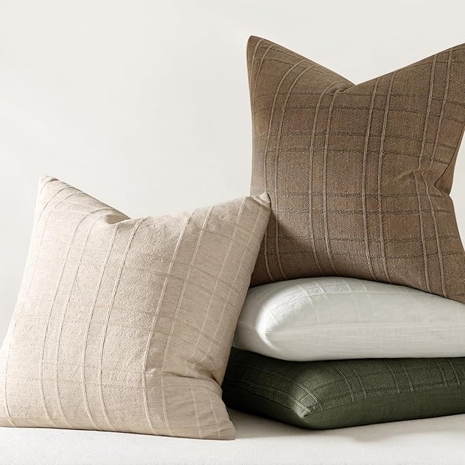 MIULEE Decorative Linen Check Euro Shams Throw Pillow Covers Neutral Farmhouse Vintage Pillow Covers 28x28 Set of 2 Boho Modern Home Decor for Sofa Couch Bedroom Cushion Natural Beige