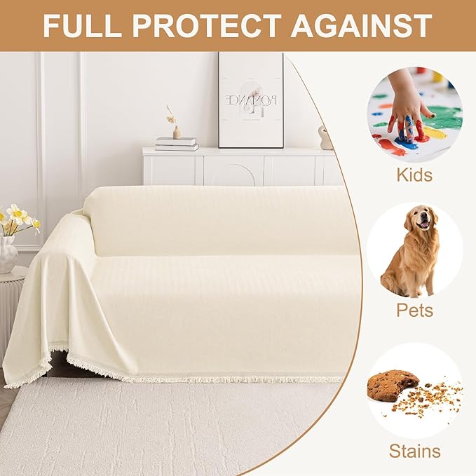 Smiry Couch Cover for Dogs, Washable Chenille Sofa Covers for 3 Cushion Couch, Soft Sofa Slipcover for Pets, Thick Sectional Furniture Protector with Tassels (Beige, 71x134 Inch)