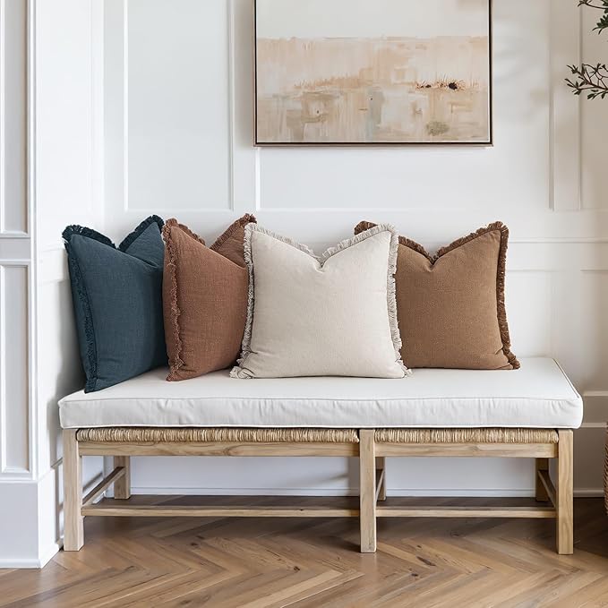 MIULEE Decorative Couch Pillow Covers Neutral Linen Fringe Throw Pillows Set of 4 Modern Rustic Cushions Boho Farmhouse Pillowcases for Bed Sofa Living Room Spring Decor 20x20 Inch Beige/Brown/Blue