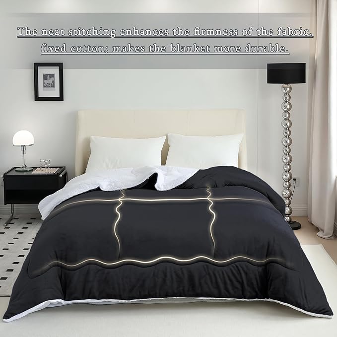 CHOSHOME Sherpa Fleece Blanket- Thick Warm Blanket for Winter, Soft Fuzzy Plush Blanket for Bed, Couch, Travel (Black, Oversized King 96" x 120")