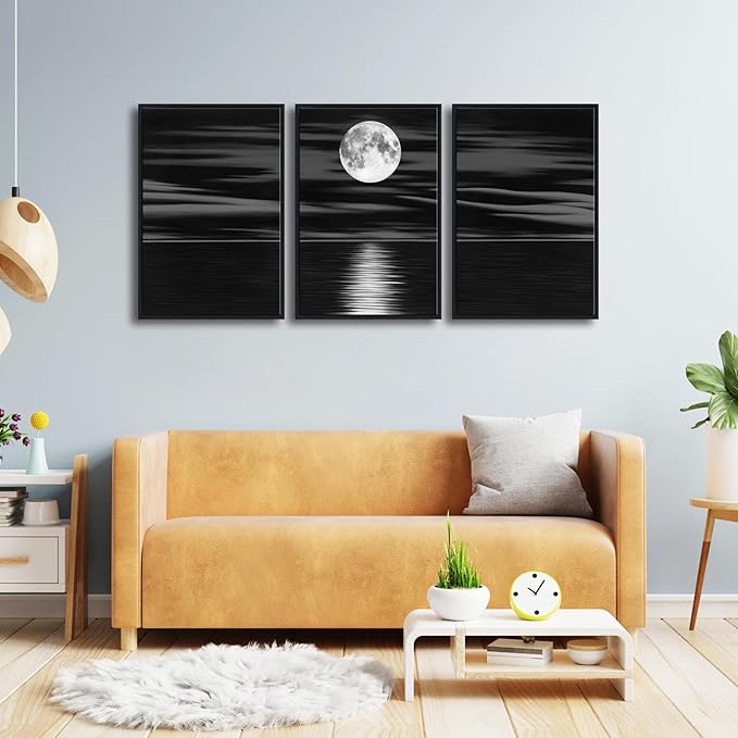 Wieco Art Framed 3 Panel Sea White Full Moon in Night Canvas Print Wall Art Black and White Ocean Beach for Living Room Bedroom Kitchen Home Decorations Modern Abstract Artwork