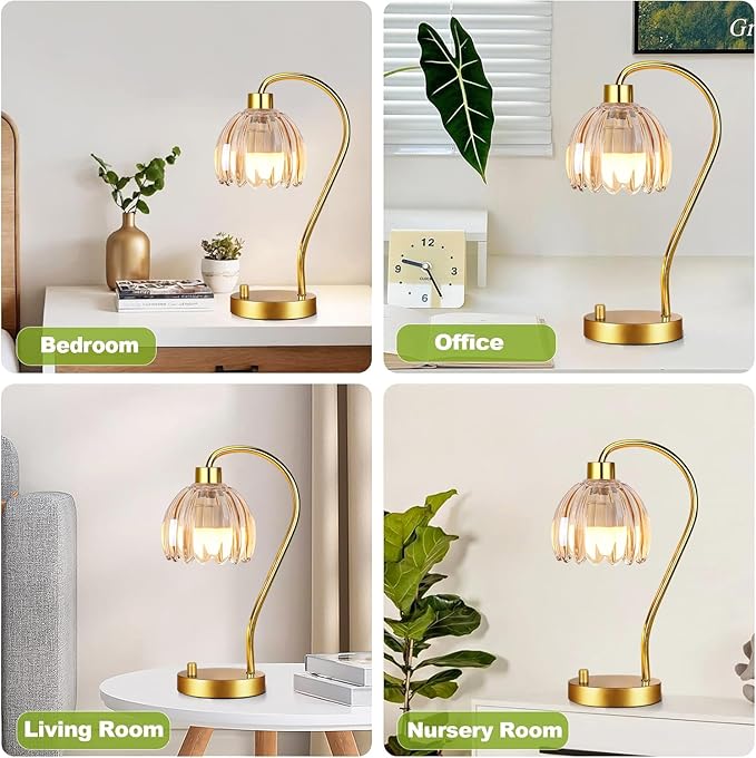 Small Table Lamp Set of 2,Gold Bedside Lamps Dimmable Boho Bedroom Lamp with Glass Tulip Flower Amber Lamp Shade,Vintage Mid Century Modern Mini Nightstand Lamp for Bedroom Living Room