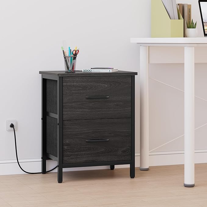 Vagusicc Nightstand with Charging Station, Bedside Table with USB Ports and Outlet, End Table Side Table with 2 Fabric Drawers for Bedroom, Living Room, Gray Walnut