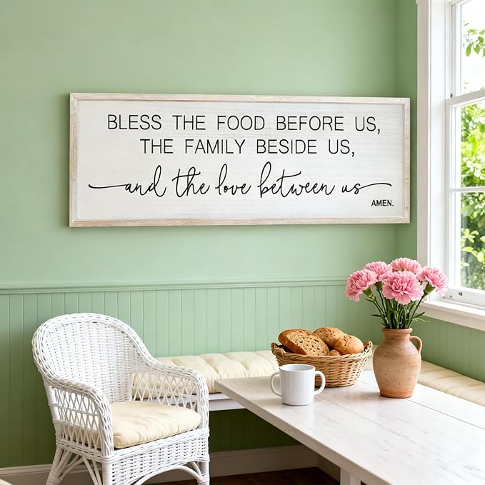 Bless the Food Before Us, the Family Beside Us, and the Love between us Framed Wall Art for Dining Room, 40''×15'' Positive Holy Religious Rustic Bible Verse for Christian God Jesus Christ Prayer