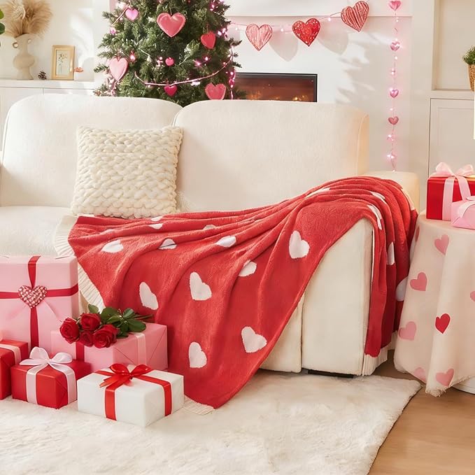 CozeCube Valentine's Day Love Heart Throw Blanket, Super Soft Romantic Fullfy Microfiber, Reversible Featival Blankets for Couch Bed Sofa, Warm Knit Christmas Decorative Gift Blankets, Red 50"X60"