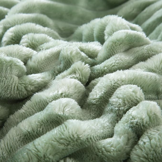 Sage Green Sherpa Fleece Throw Blanket 50”×60” for Couch Sofa Bed,Super Soft Cozy Plush Double Side Thick Flannel Blanket with Striped Design Lightweight for Adults,Woman,Girls
