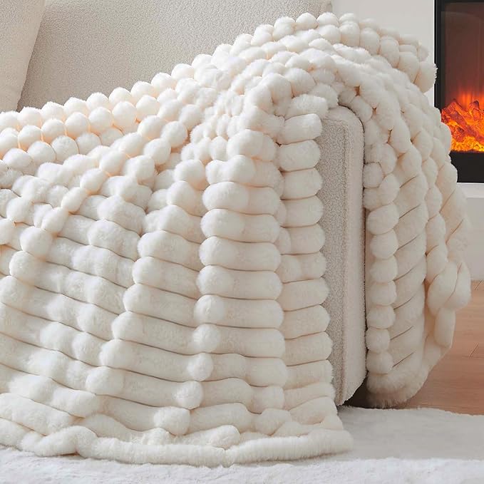 Lotus Karen Blanket for Bed Queen Size, Cozy Soft Fluffy Fuzzy Cream White Blanket, Striped Warm Thick Furry Plush Shaggy Large Blankets for Women, 90x90 Inches