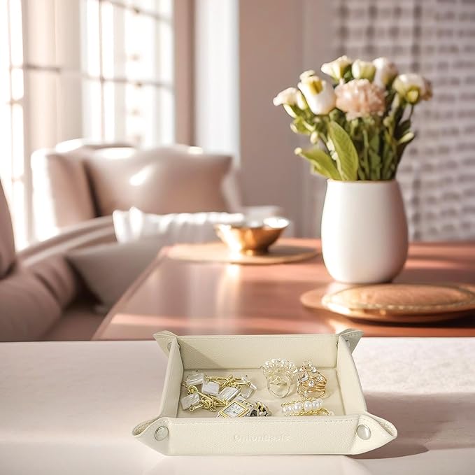 UnionBasic Valet Tray, Jewelry Tray for Rings Watches Earrings, Entryway Catchall Caddy for Coins Keys Change, Nightstand Organizer Bedside Valet Holder, Trays for Electronic Gadgets, Lychee Beige
