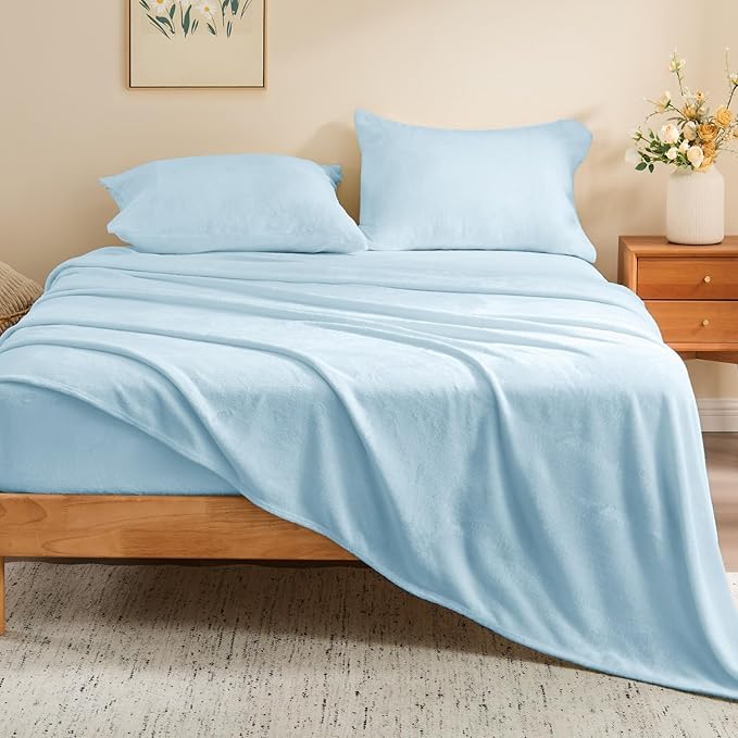BEDELITE Flannel Sheets Full Size Blue - Super Soft Fleece Sheets Set Fluffy Extra Plush, 4 Piece(Include Fitted Sheet, Flat Sheet, 2 Pillowcases)
