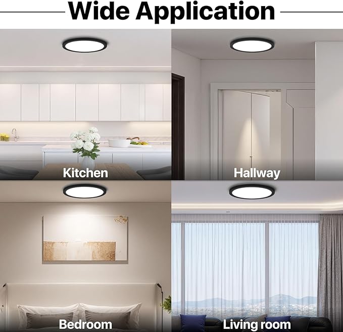 2Pack LED Flush Mount Ceiling Light Fixture Black,12Inch 24W 2640LM,Dimmable 5 CCT Selectable (2700K-6500K),Round Flat Panel Light for Bedroom,0.7Inch Thin Modern Low Profile Design for Hallway
