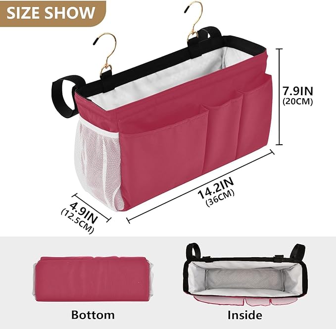 Strawberry Red Bedside Caddy Storage Bag Bedside Organizer for College Dorm Top Bunk Bed Organizer Caddy Hanging Shelf 6 Pockets with Hooks for Glasses Book Tablet Holder
