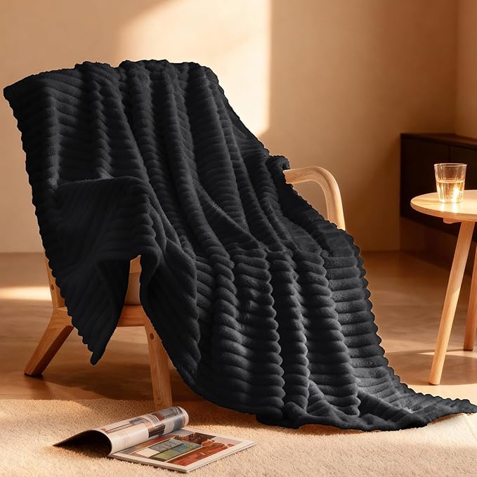 Nookly Black Twin Size Fleece Blanket, Soft Lightweight Ribbed Plush Bed Blanket, Cozy All-Season Striped Fleece Twin Throw for Bedroom and Home, 60x80 Inches