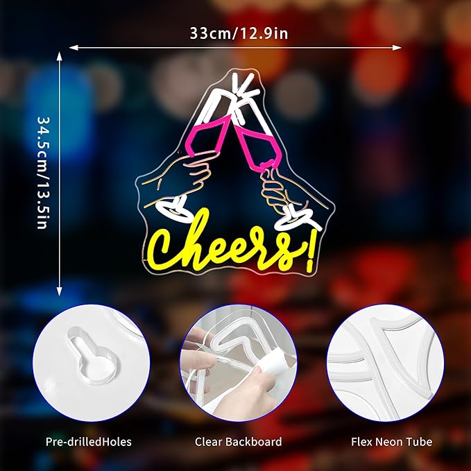 Neon Sign, Cheers Neon Signs for Wall Decor - LED Signs for Home, Party, Bars, Club - USB Powered Light Up Sign Decorations
