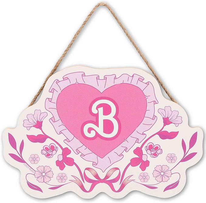Mattel Barbie Pink Floral Heart Hanging Wood Wall Decor - Nostalgic Barbie Sign with B Monogram and Ruffle Trim