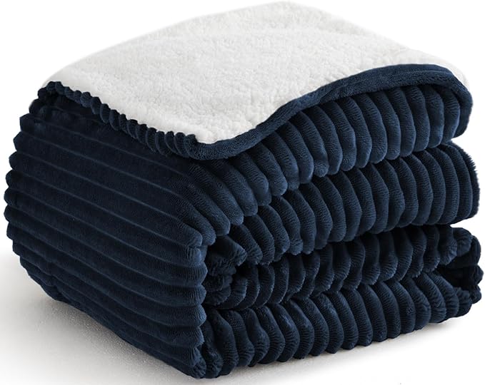 Navy Blue Throw Blanket - Soft Cozy Sherpa, Warm for Winter, Reversible for Sofa, 50 x 60 Inches