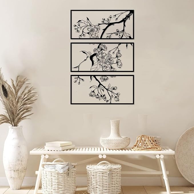 ruelen 3 Pcs Large Metal Flowers Wall Decor, Modern Minimalist Floral Line Sculpture Wall Art Hanging Wall Decor for Home Bedroom Living Room Bathroom Office Above Bed Decor (Black)