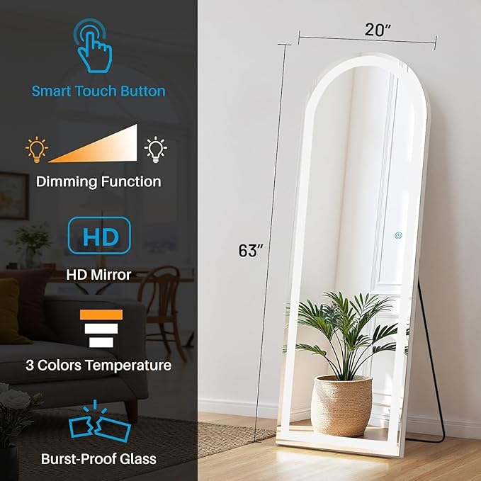 NEWBULIG Arched Full Length Mirror with Stand 21"×63", LED Light Floor Standing with 3 Color Lighting for Bedroom Body Hanging Modern Simple Home Decor Wall Living Room Cloakroom