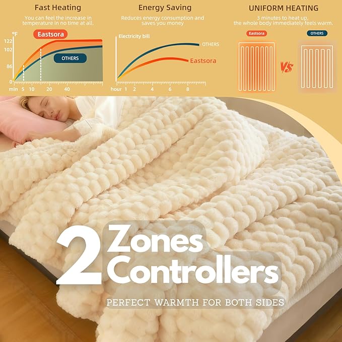 Heated Blanket Electric Blanket Heating, Dual Control Soft Ribbed Faux Fur Electric Blanket with 12 Heat Levels 12H Timer ETL FCC Certified Machine Washable (White, King | 90" x 100")