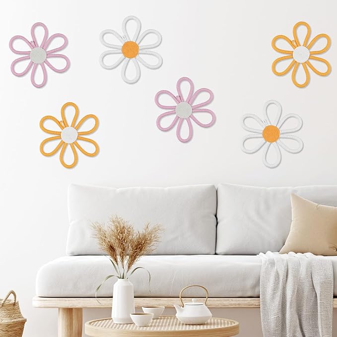 6 Pcs Boho Nursery Daisy Wall Decor, Woven Flowers Wall Hanging Art - Orange Pink and White Boho Floral Room Decor with Lanyard for Office Toddler Baby Little Girls Kids Home Bedroom Above Bed Decor