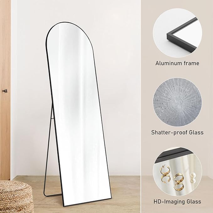 OLIXIS Arched Full Length Mirror for Bedroom, 65"x24" Full Body Mirror with Stand, Hanging or Leaning for Wall, Aluminum Alloy Thin Frame Floor Standing for Living Room, Long, Black