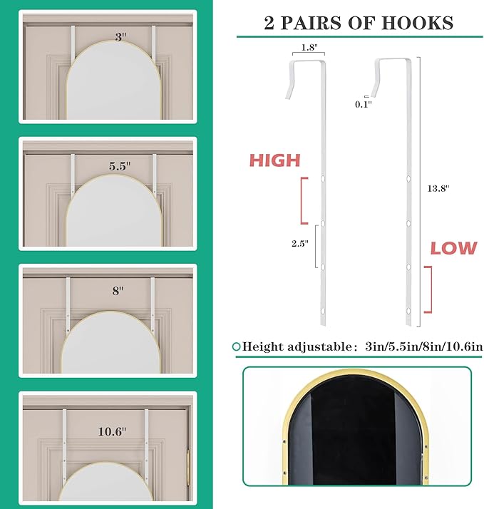 TinyTimes Over The Door Mirror Full Length,48"x14"Door Hanging Mirror Full Length Arch Mirror,Behind The Door Wall Mirror,Back of Door Mirrors for Closet Bedroom Living Room (Gold)