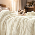 PHF Ultra Soft Flannel Fleece Blanket Queen Size, Lightweight 3D Jacquard Fleece Blanket, No Shedding, No Pilling, Luxury 340GSM Aesthetic Fluffy Cozy for Bed Room Decor, 90"x90", Cream